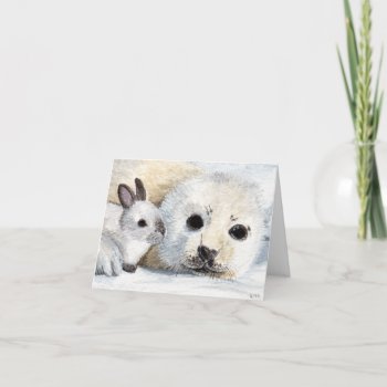 Seal Cub And White Rabbit Painting Note Card by LisaMarieArt at Zazzle