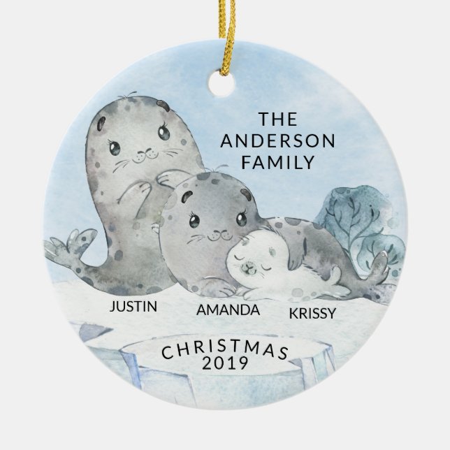 Seal Family Family of 3 Christmas Ceramic Ornament (Front)
