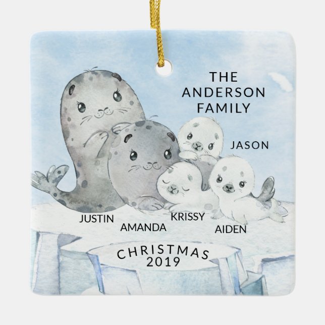Seal Family Family of 5 Christmas Ceramic Ornament (Front)