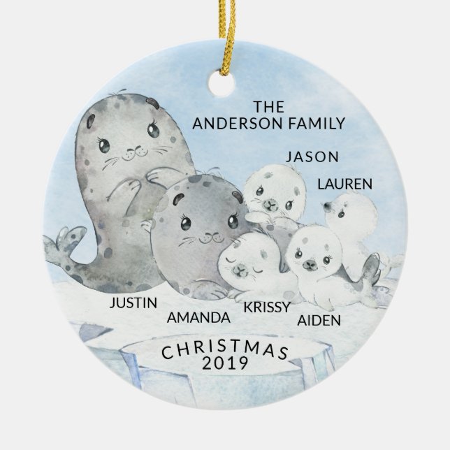 Seal Family Family of 6 Christmas Ceramic Ornament (Front)
