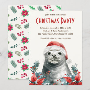 Seal in a Santa Hat Poinsettias Christmas Party Invitation