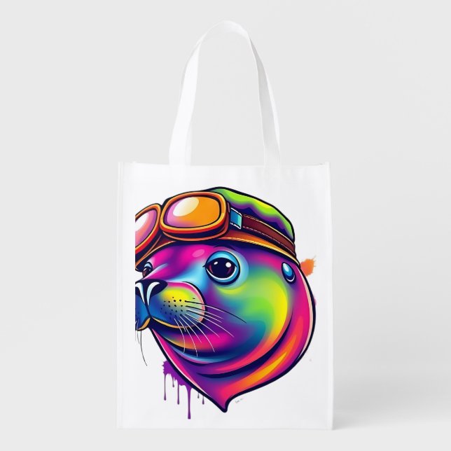 Seal in Aviator Hat Reusable Tote (Front)