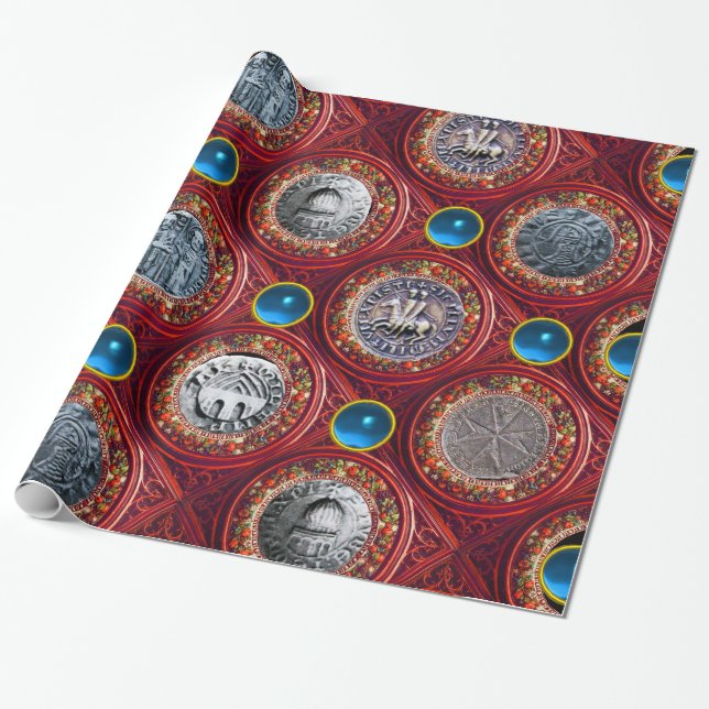 SEAL OF THE KNIGHTS TEMPLAR Red Blue Gems Wrapping Paper (Unrolled)