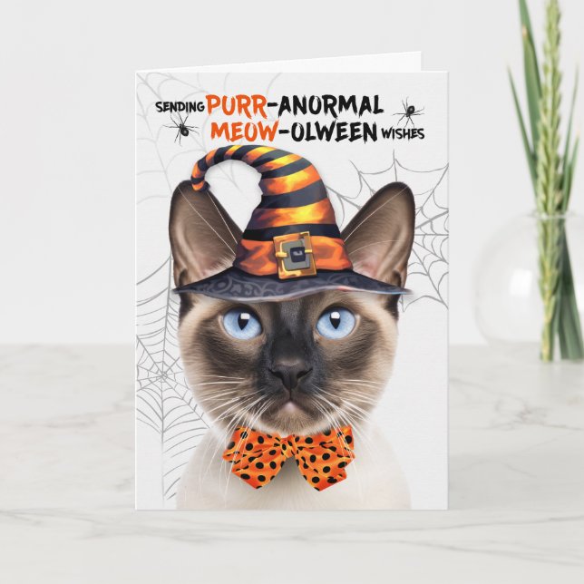 Seal Point Siamese Cat PURRanormal MEOWolween Holiday Card (Front)