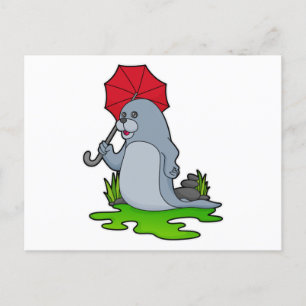 Seal Raining Umbrella Postcard