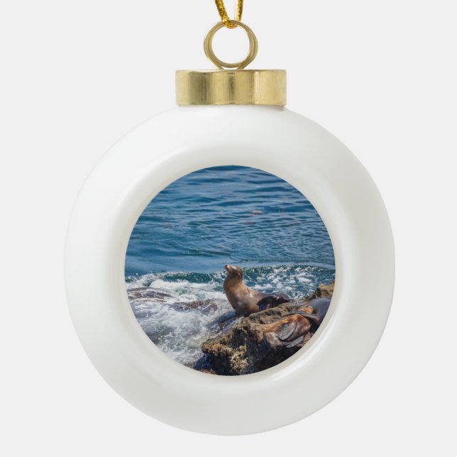 Seal Rock at La Jolla Beach in San Diego Ceramic Ball Christmas Ornament (Front)