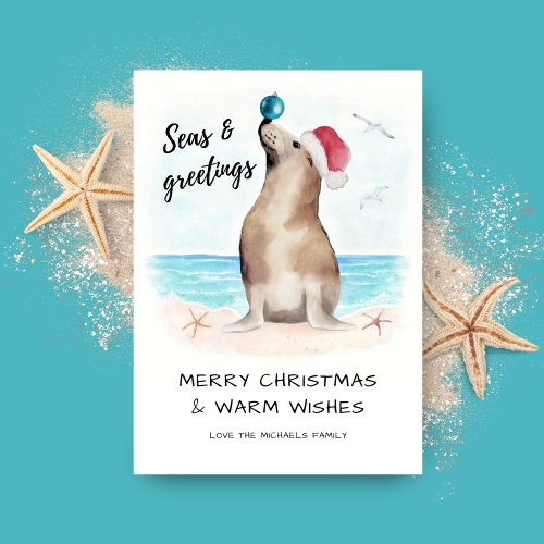 Seal Santa Seas  Greetings Coastal Christmas Holiday Card