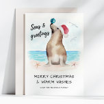 Seal Santa Seas & Greetings Coastal Christmas Holiday Card<br><div class="desc">Send your warmest holiday wishes with this coastal Christmas theme card featuring a 'Seas & Greetings' caption and a watercolor seal Santa on the beach,  playfully balancing an ornament on its nose. Personalize the greeting and signature line for a one-of-a-kind card.  Art by KL Stock.</div>