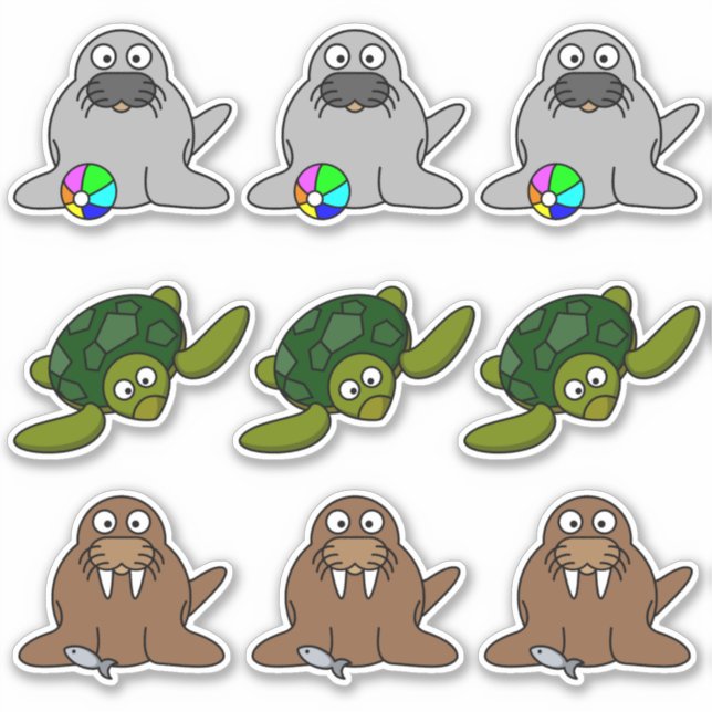 Seal, Turtle, Walrus Water Animals Cartoons Large Sticker (Front)