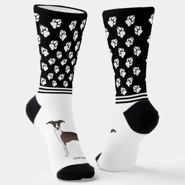 Seal & White Italian Greyhound With Name And Paws Socks (Angled)