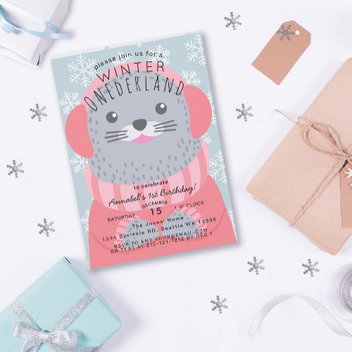 Seal Winter Onederland Kids Birthday Invitation