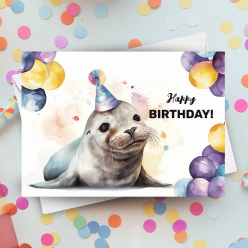 Seal with Balloons and Party Hat Sea Life Birthday Card