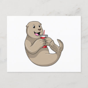 Seal with Mug with Straw Postcard