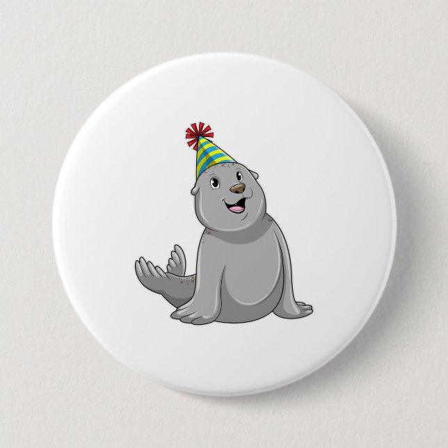 Seal with Party hat Party Button (Front)