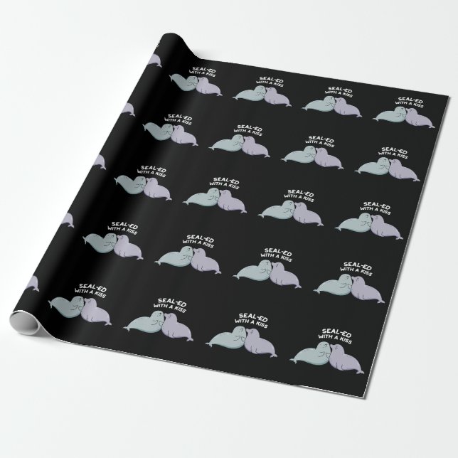 Sealed With A Kiss Funny Sea Lion Seal Pun Dark BG Wrapping Paper (Unrolled)