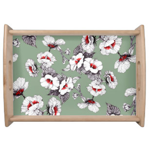 Sealess white-red flowers: green decor serving tray