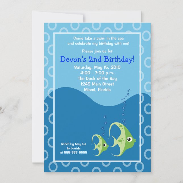 Sealife Green Fish 5x7 Birthday Invitation (Front)
