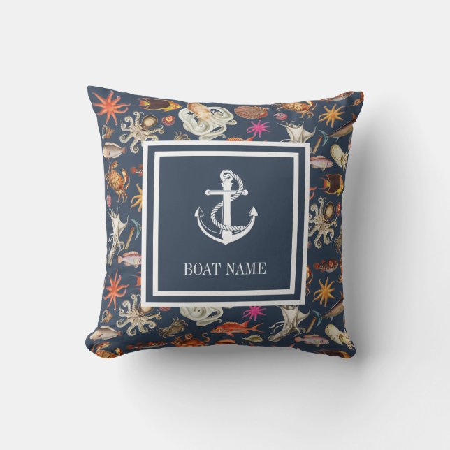 Sealife Navy Blue Nautical Anchor Boat Name Outdoor Pillow (Front)
