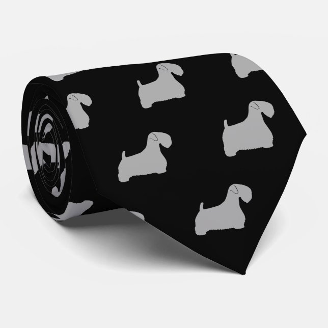 Sealyham Terrier Silhouettes Pattern Black & Grey Neck Tie (Rolled)