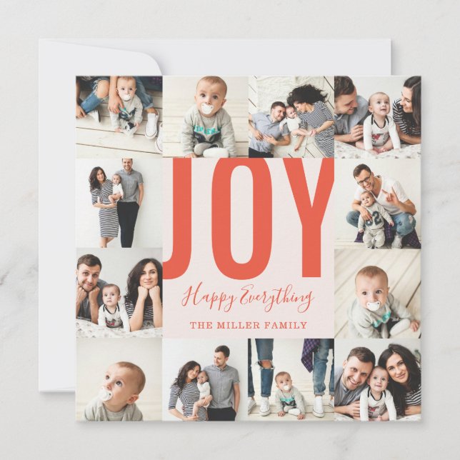 Seamless 12 Photo Joy Happy Everything Red Blush Holiday Card (Front)