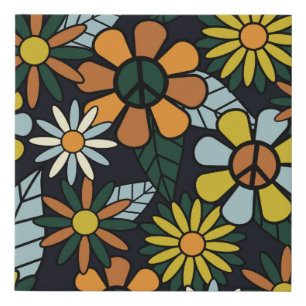 Seamless 70's retro hippie flowers pattern - Vinta Faux Canvas Print