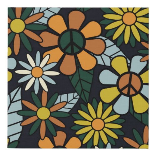 Seamless 70s retro hippie flowers pattern _ Vinta Faux Canvas Print