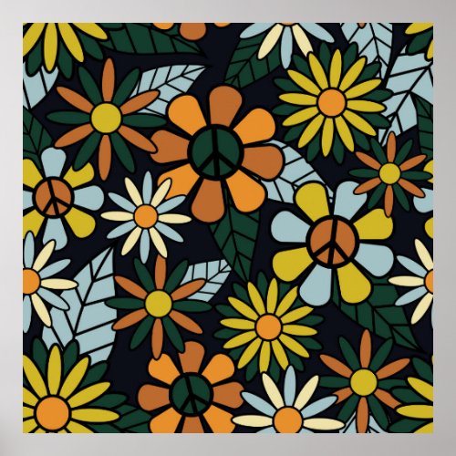 Seamless 70s retro hippie flowers pattern _ Vinta Poster