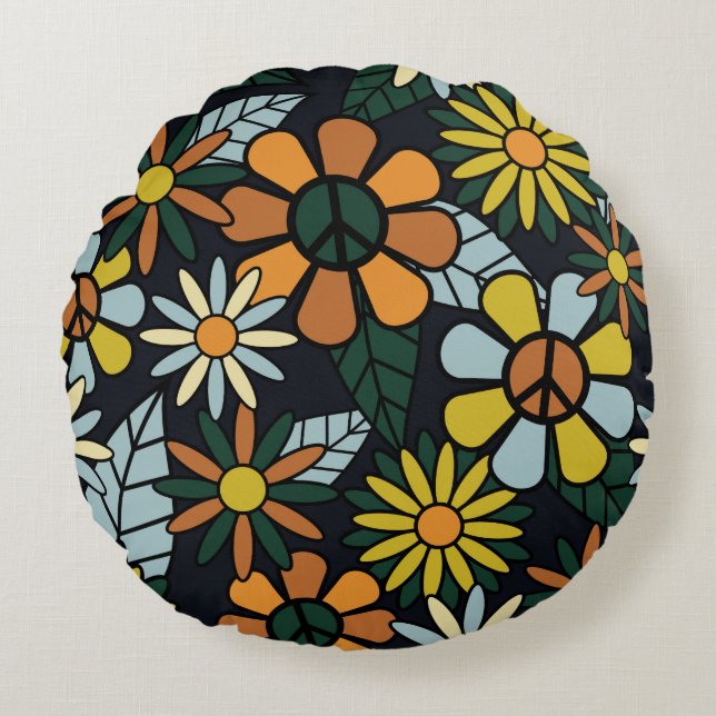 Seamless 70's retro hippie flowers pattern - Vinta Round Pillow (Front)