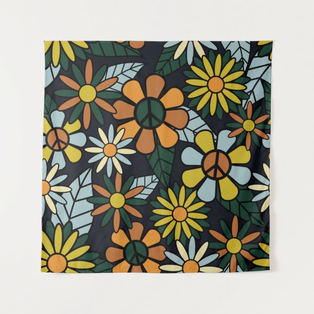 Seamless 70's retro hippie flowers pattern - Vinta Tapestry (Front)