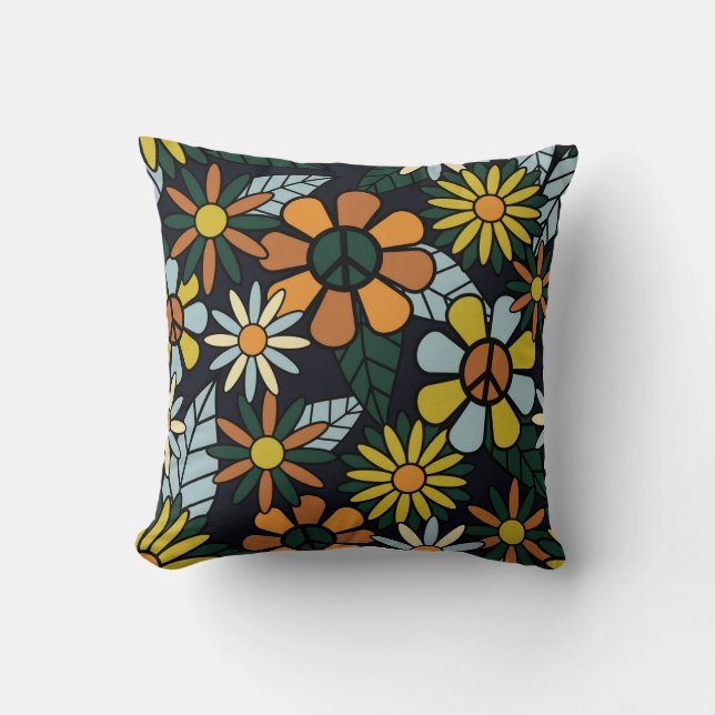 Seamless 70's retro hippie flowers pattern - Vinta Throw Pillow (Front)