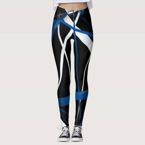 Seamless Abstract  Blue and White Lines On Black B Leggings