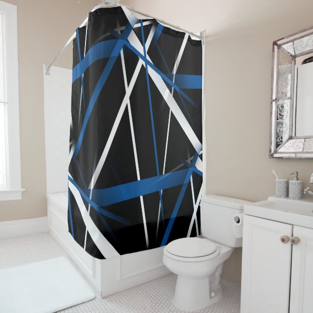 Seamless Abstract  Blue and White Lines On Black B Shower Curtain (In Situ)