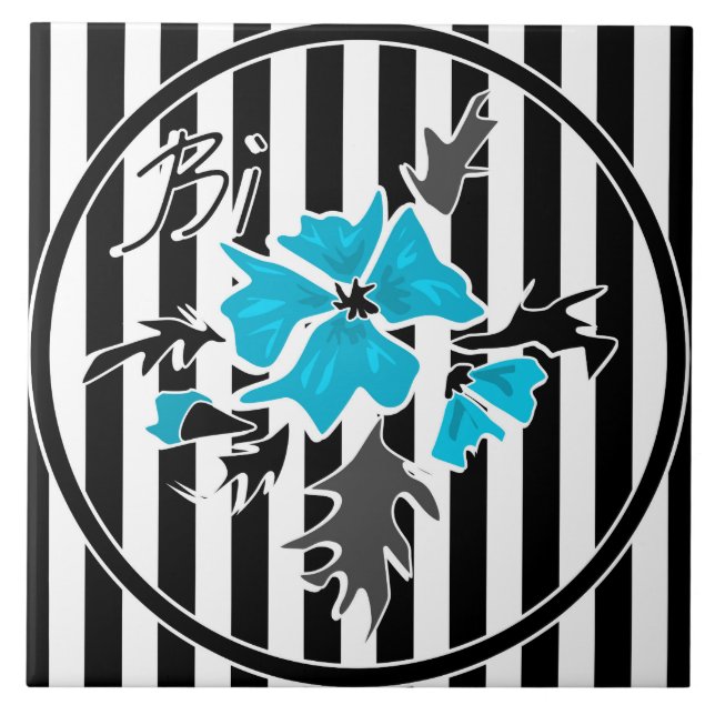 Seamless abstract blue flowers floral white black ceramic tile (Front)