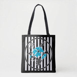 Seamless abstract blue flowers floral white black tote bag