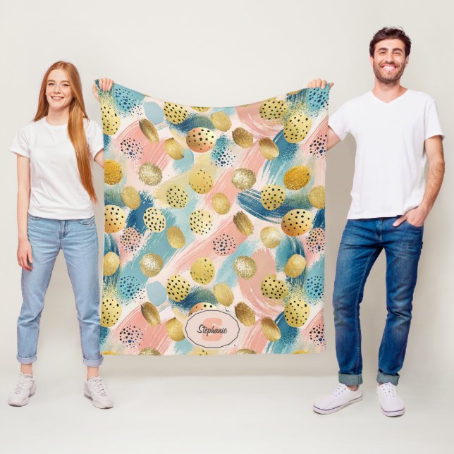 Seamless Abstract Brushstroke & Gold Shape Pattern Fleece Blanket (In Situ)