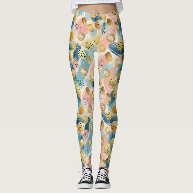 Seamless Abstract Brushstroke & Gold Shape Pattern Leggings (Front)