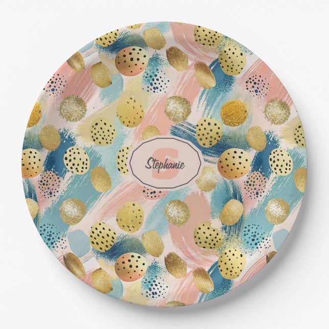 Seamless Abstract Brushstroke & Gold Shape Pattern Paper Plates (Front)