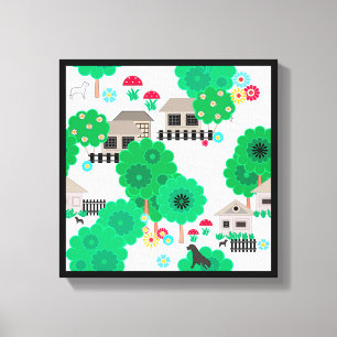 Seamless abstract kids cartoon houses dogs trees g canvas print