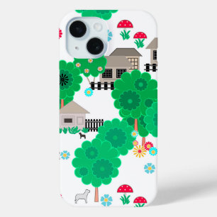 Seamless abstract kids cartoon houses dogs trees g iPhone 15 case