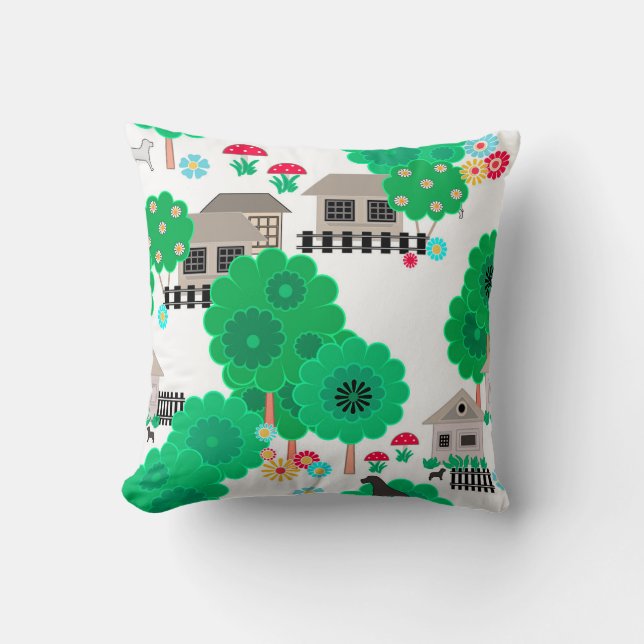 Seamless abstract kids cartoon houses dogs trees g throw pillow (Front)