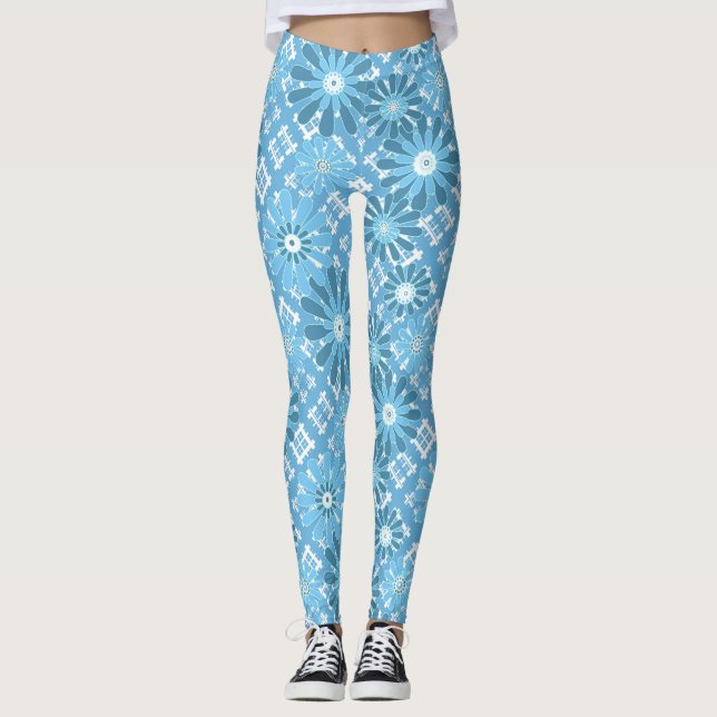 Seamless abstract modern checkered plaid floral bl leggings (Front)