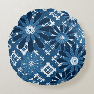 Seamless abstract modern checkered plaid floral bl round pillow