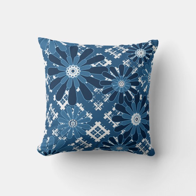 Seamless abstract modern checkered plaid floral bl throw pillow (Front)