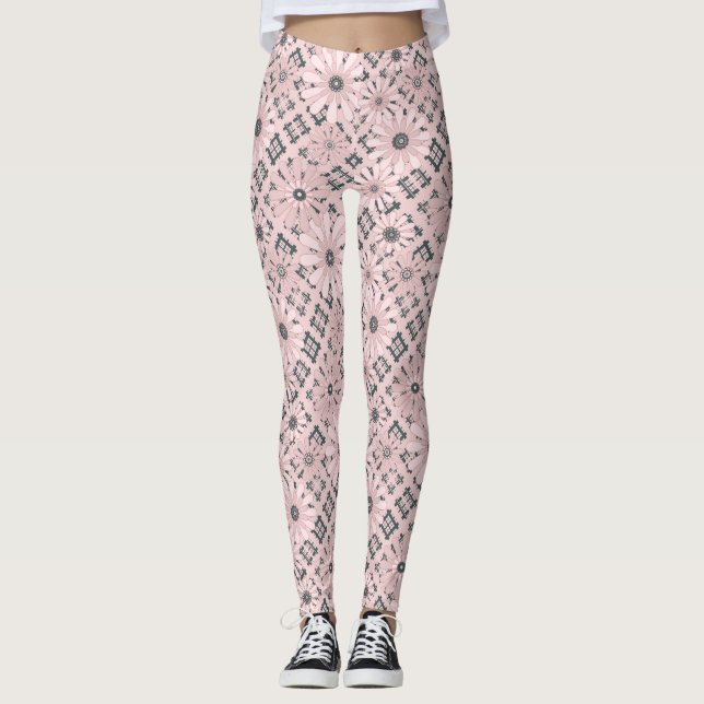 Seamless abstract modern checkered plaid floral pi leggings (Front)
