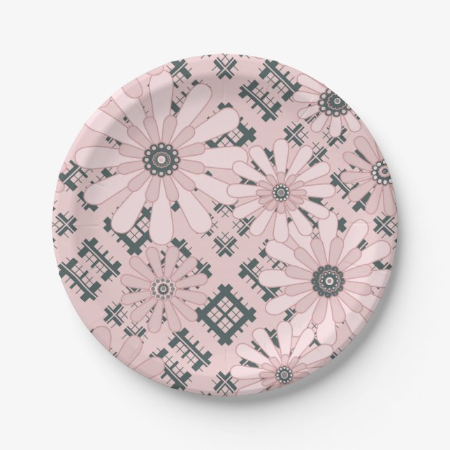 Seamless abstract modern checkered plaid floral pi paper plates (Front)