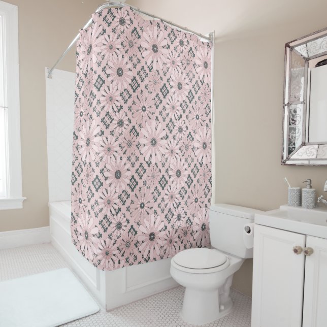 Seamless abstract modern checkered plaid floral pi shower curtain (In Situ)