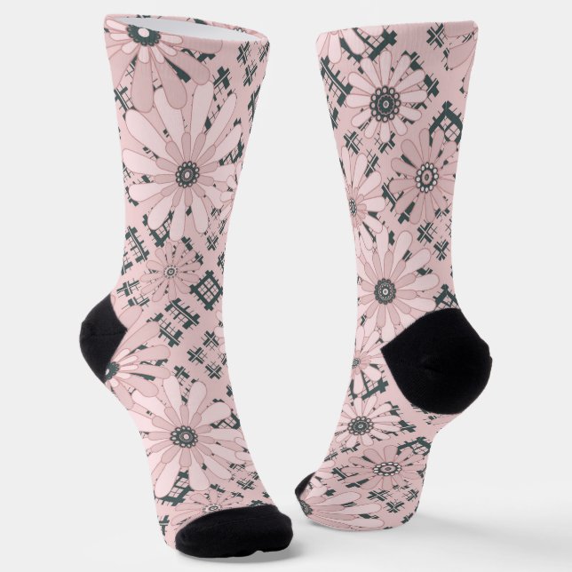 Seamless abstract modern checkered plaid floral  socks (Angled)
