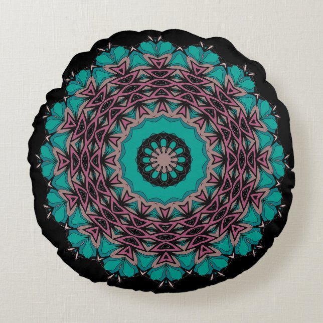 Seamless abstract ornamental blue black decor kale round pillow (Front)