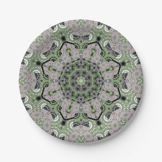 Seamless abstract ornamental gray green black deco paper plates (Front)