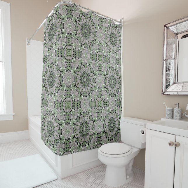Seamless abstract ornamental gray green black deco shower curtain (In Situ)